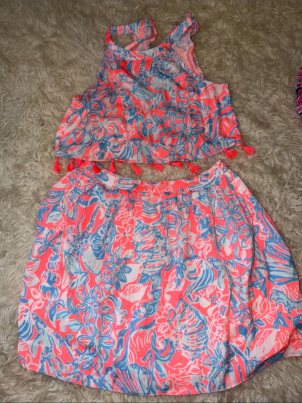 Lilly Pulitzer Coral and Blue Floral Crop Top & skirt set